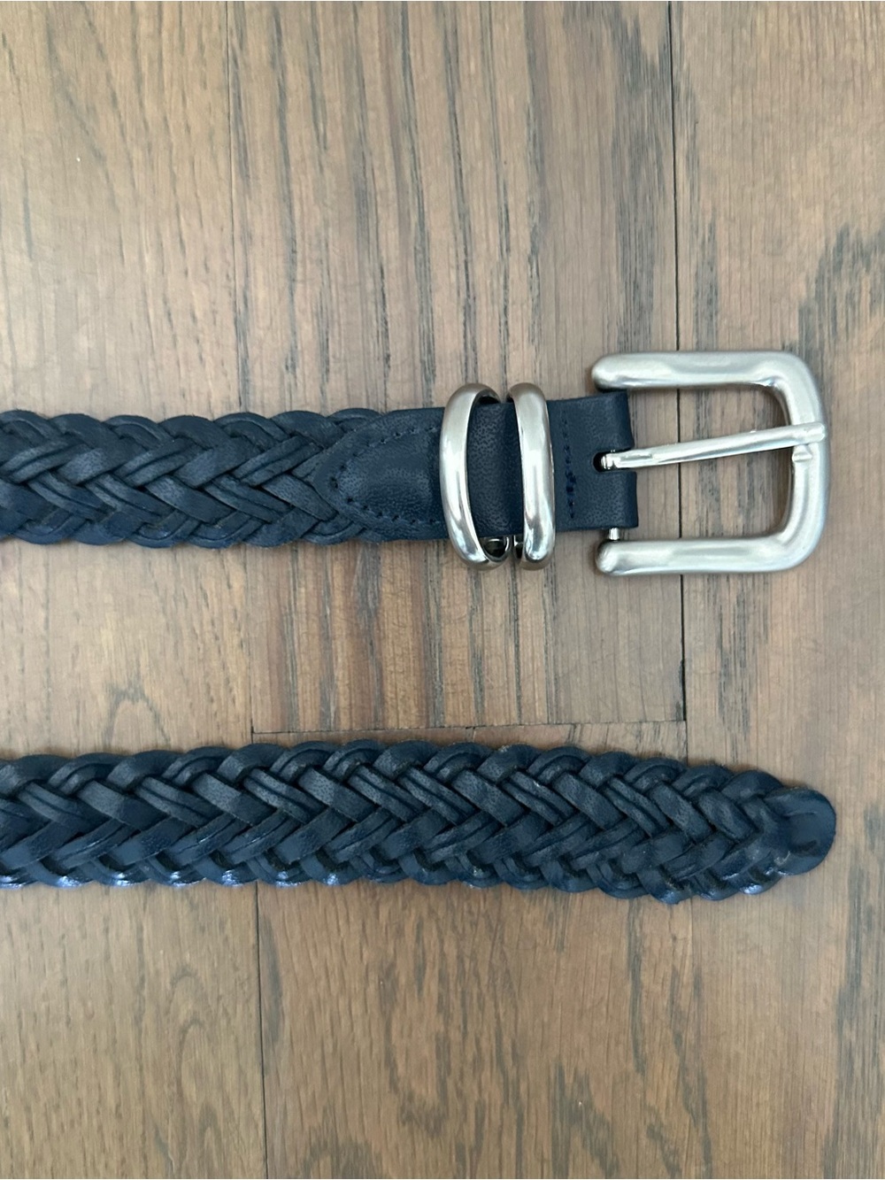 Vintage Western Braided Leather Belt Brushed Silver Tone Square Buckle Navy XL